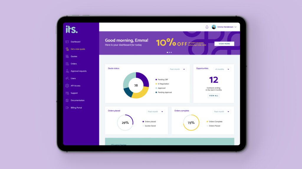 A tablet displaying the ITS client portal dashboard.