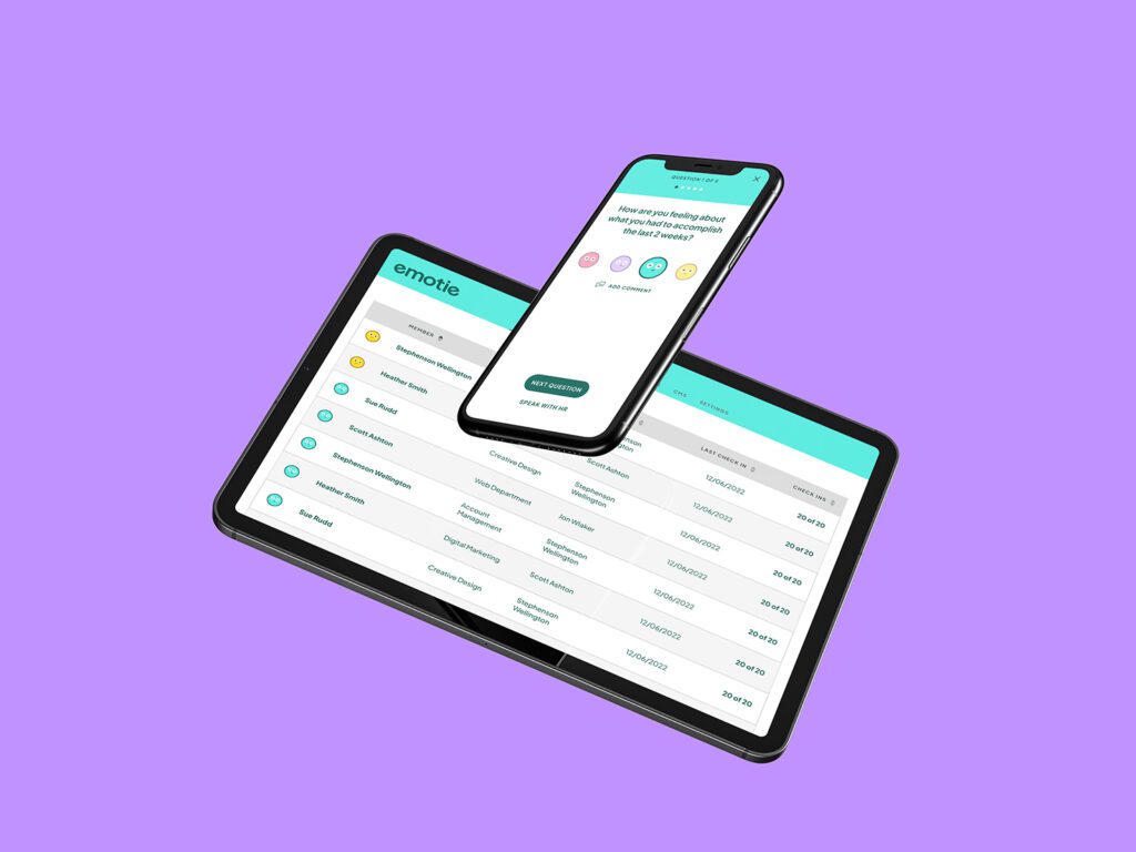 Emotie platform shown on tablet and phone screen