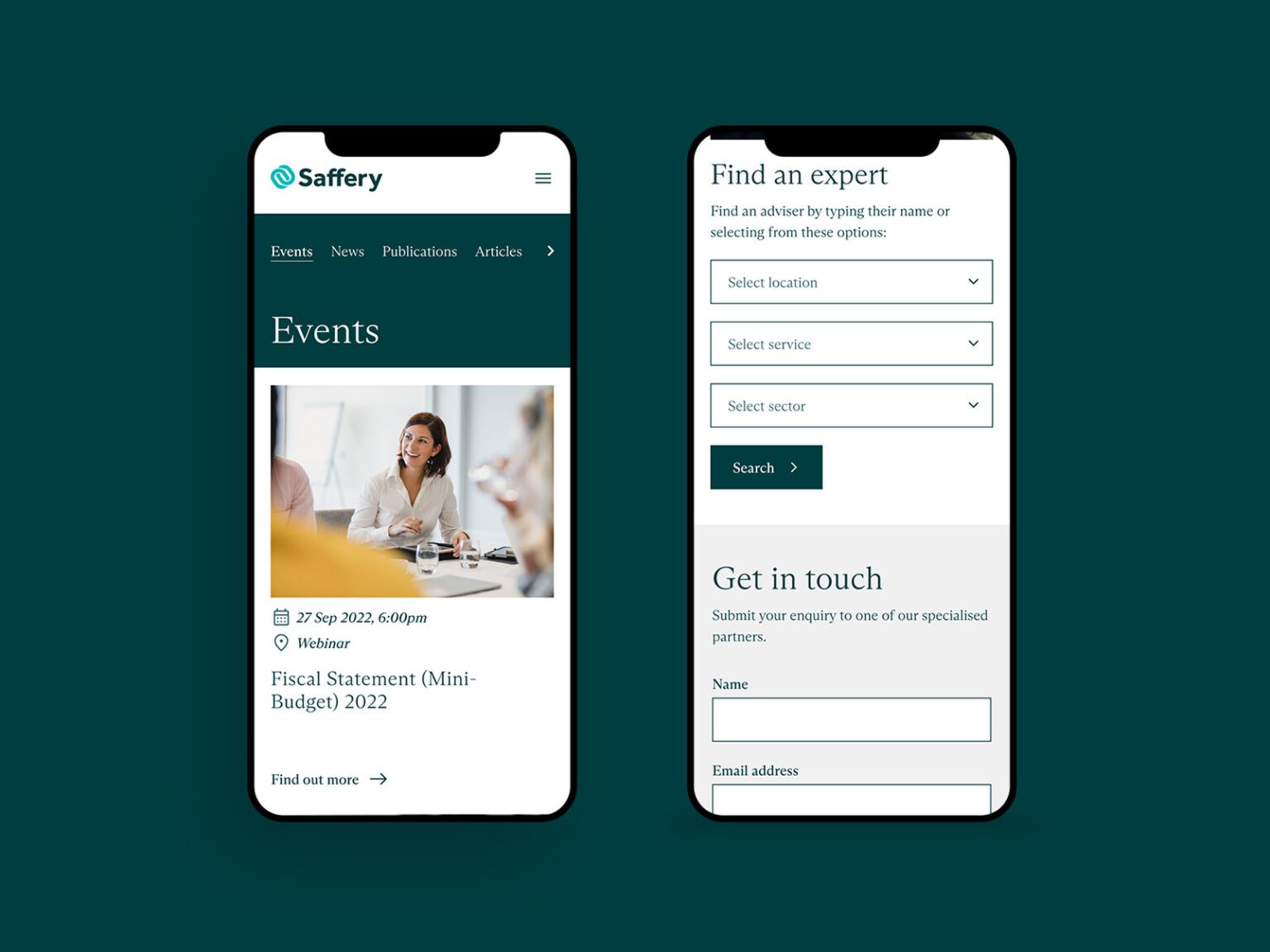Saffery website screenshots on mobile phones