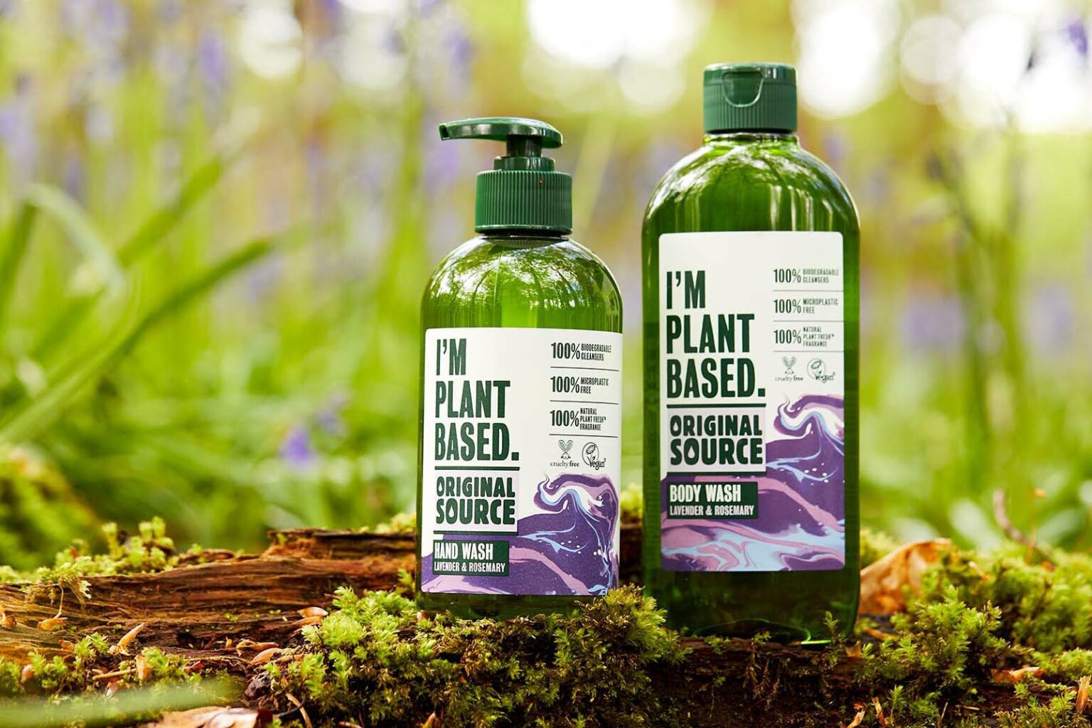 original source plant based hand and body wash on woodland background