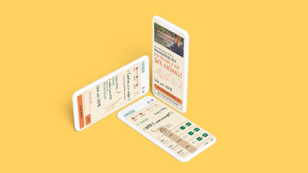 Chester Zoo phone mockups of blog donations on a yellow background.