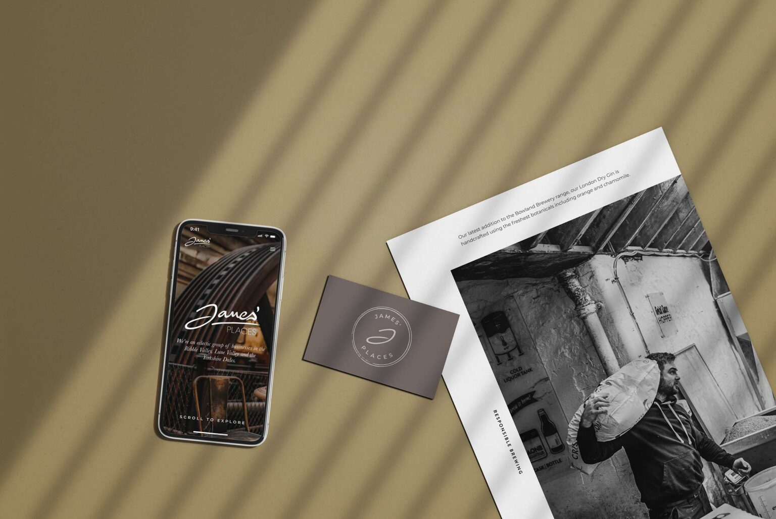 James' Places mockup on phone, with a poster and a business card next to it.