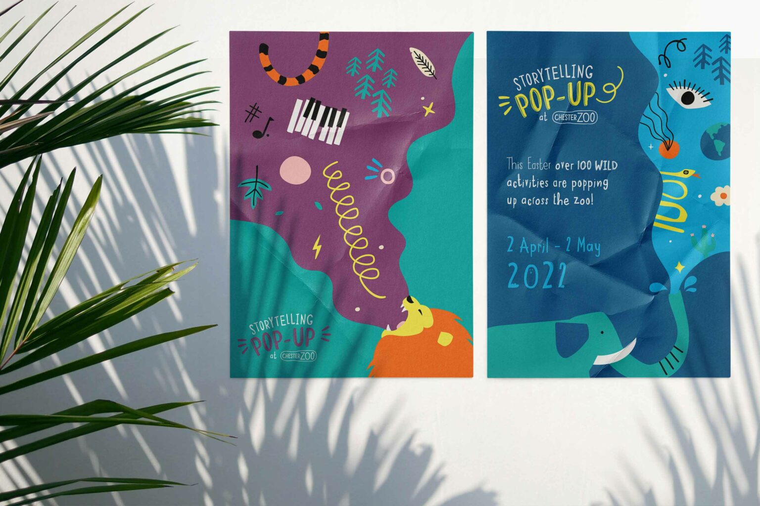 Chester Zoo Pop-Up posters with tropical palm trees and a plain white background.