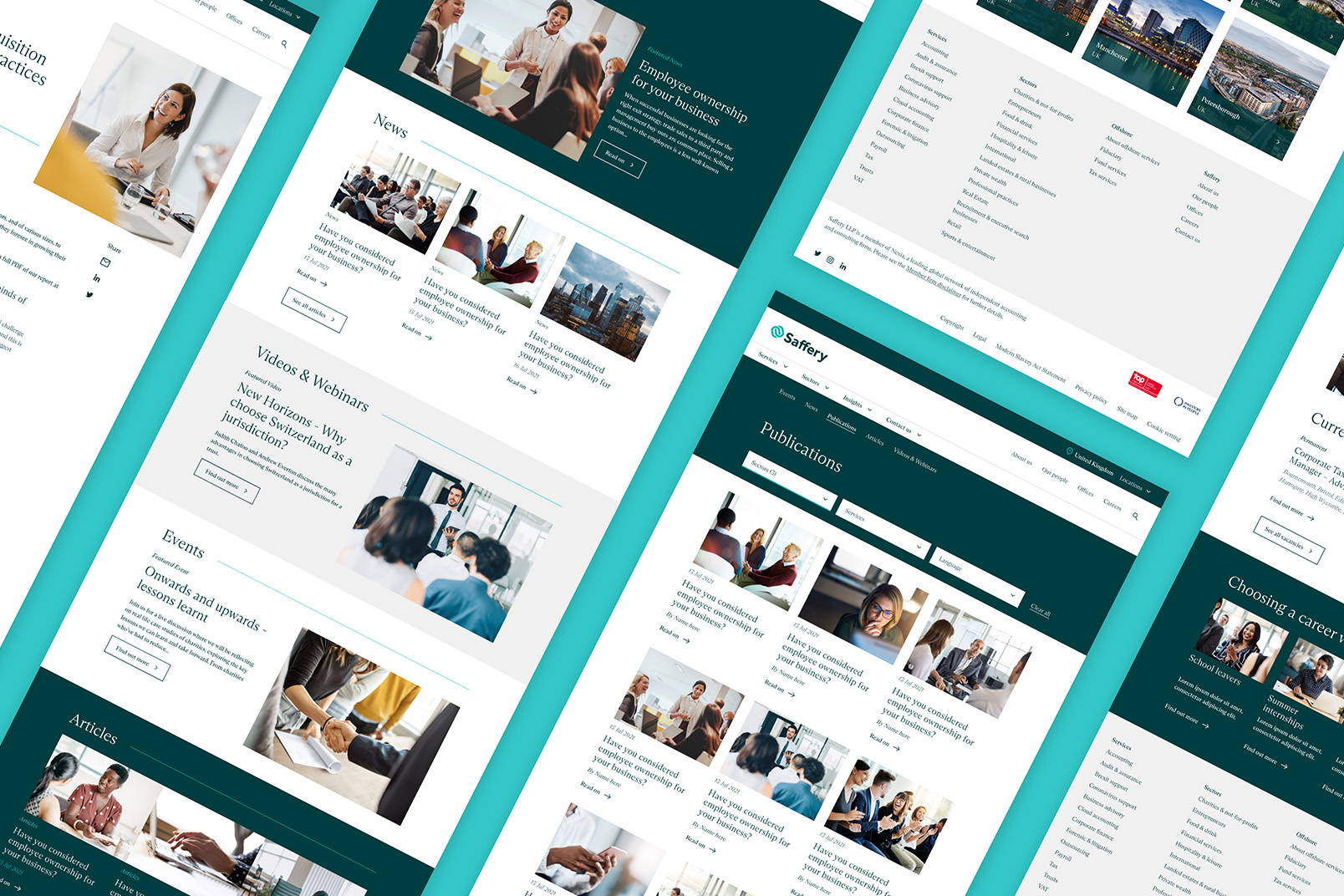 Overhead image of Saffery website pages following their brand refresh.