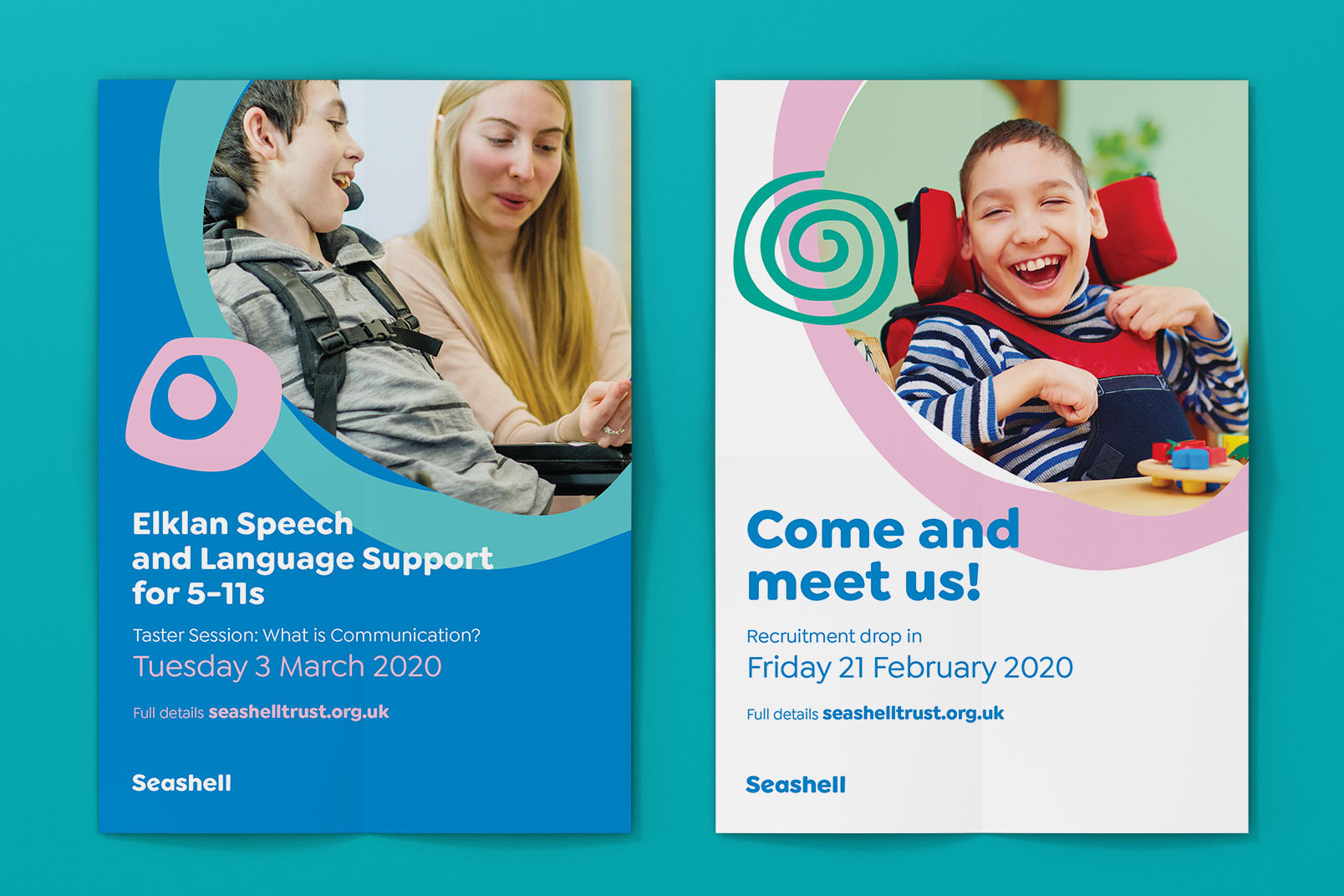 Two recruitment posters for charity Seashell in their new branding.