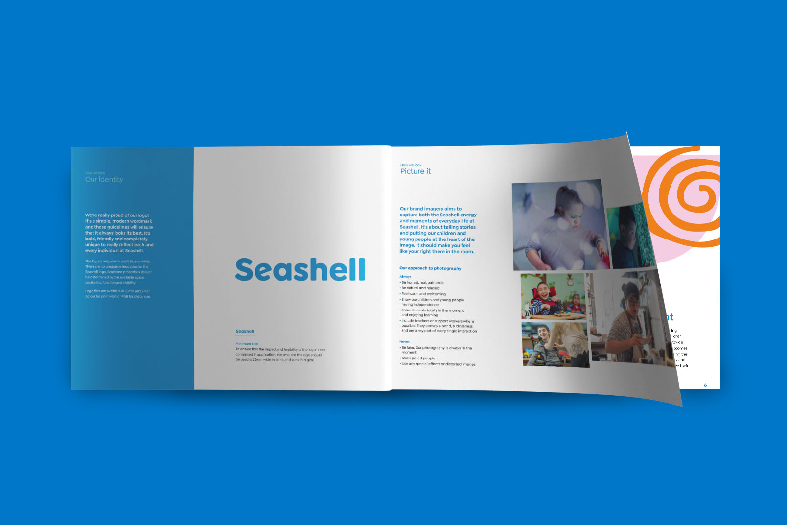 Seashell charity brand guidelines in print.