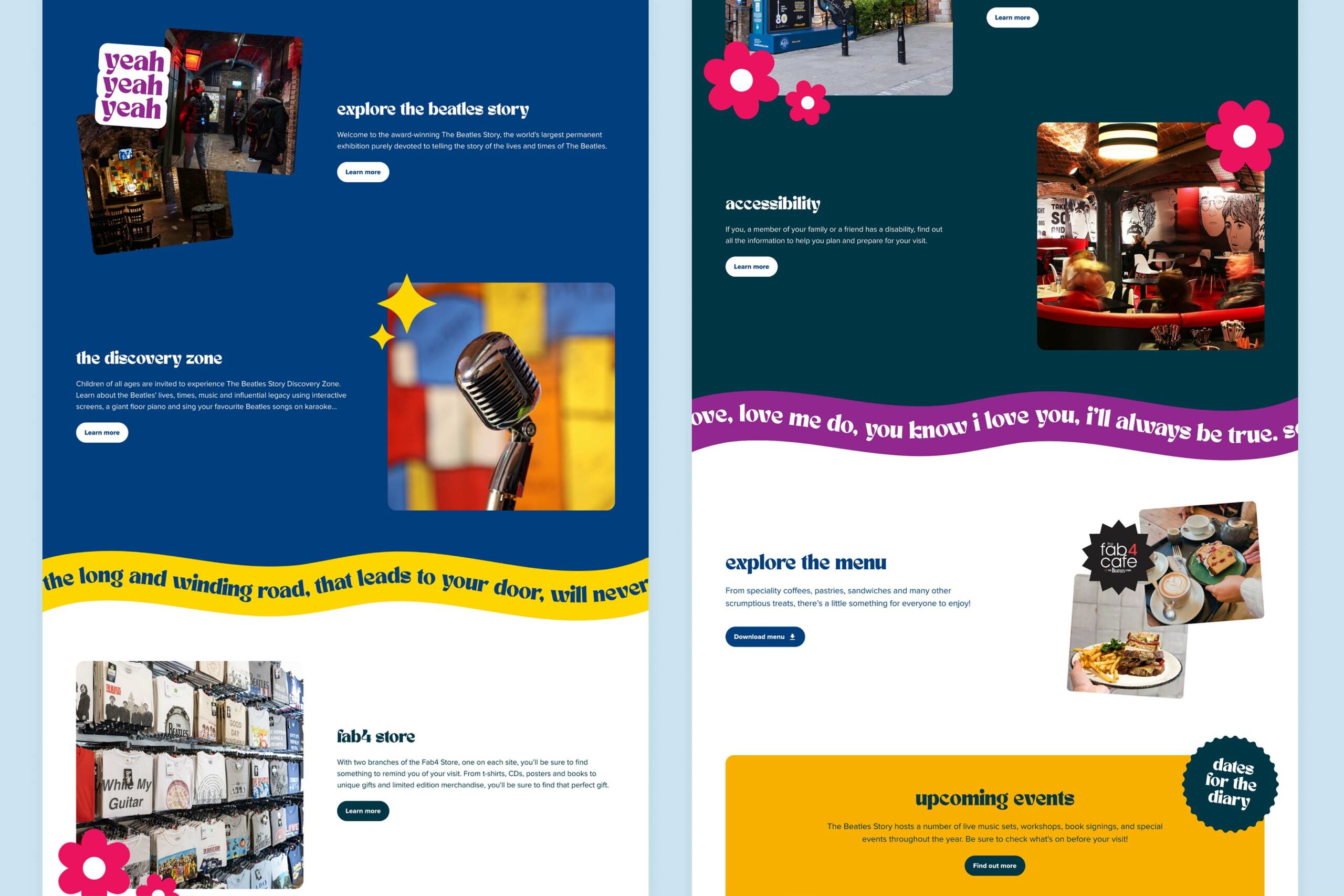 Screenshots of website design layout for The Beatles Story.