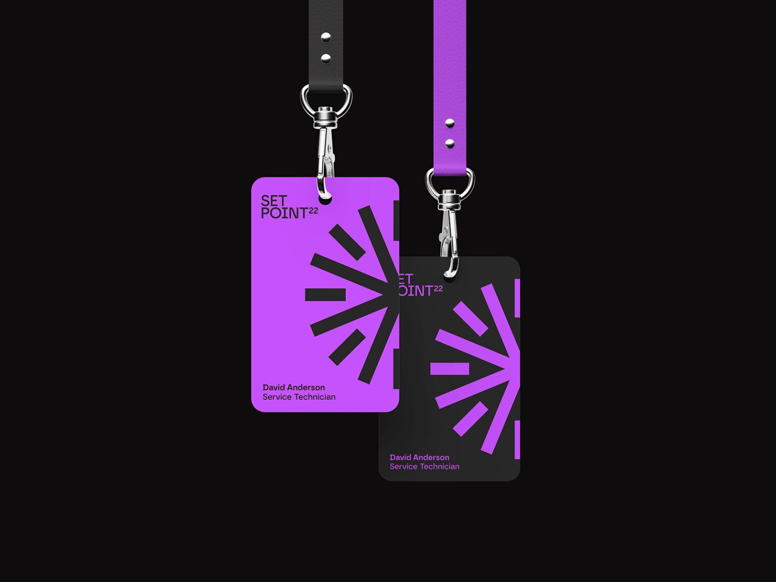 Two ID card designs for SetPoint22 - one black and one in brand purple.