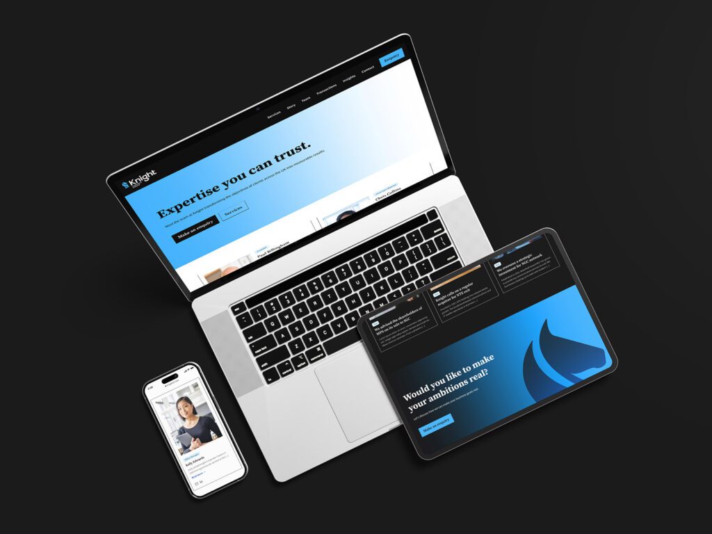 Three devices - a laptop, phone, and tablet - displaying the Knight CF website.