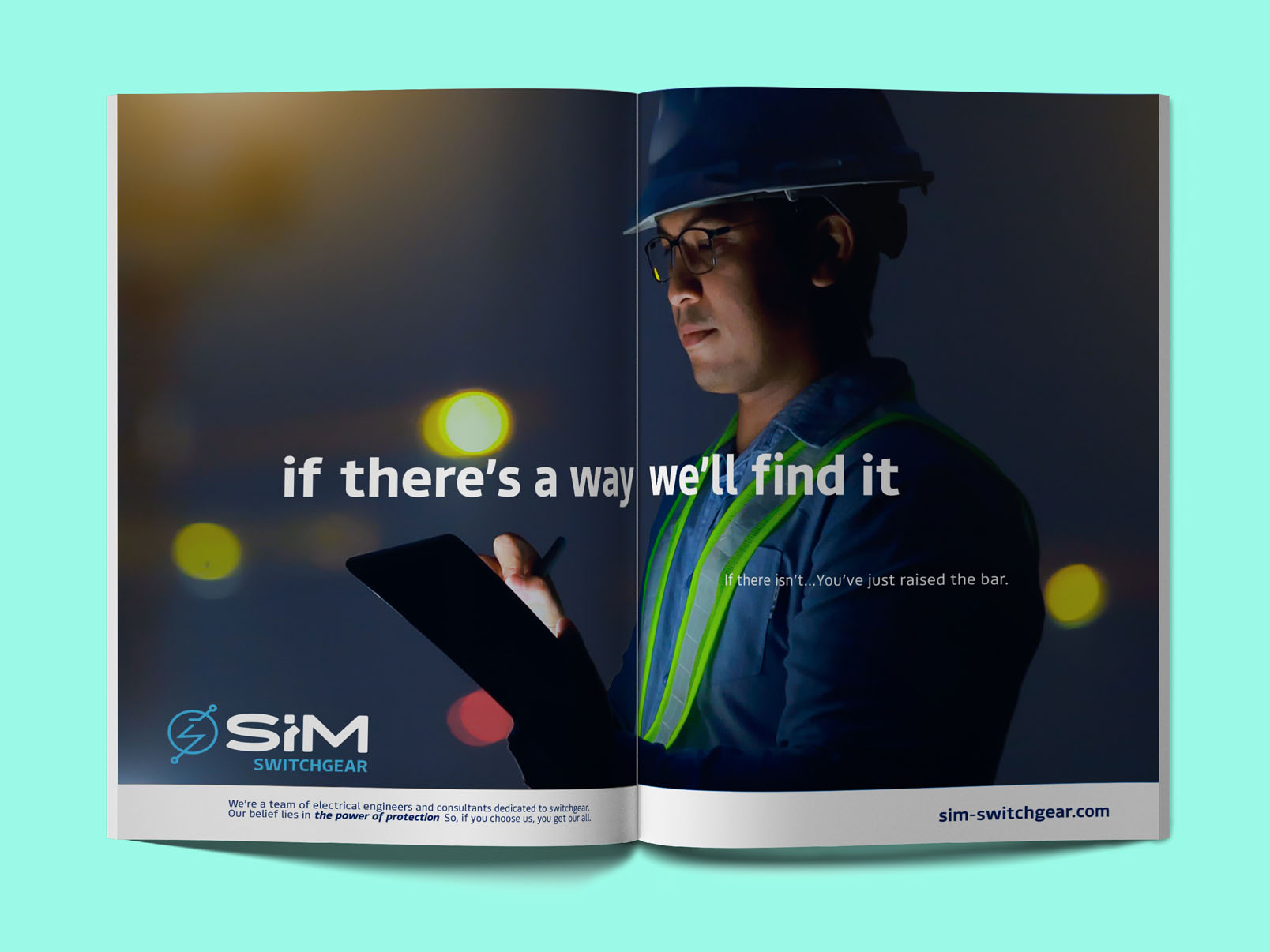 A magazine spread advert for Sim Switchgear featuring employee conducting assessment.