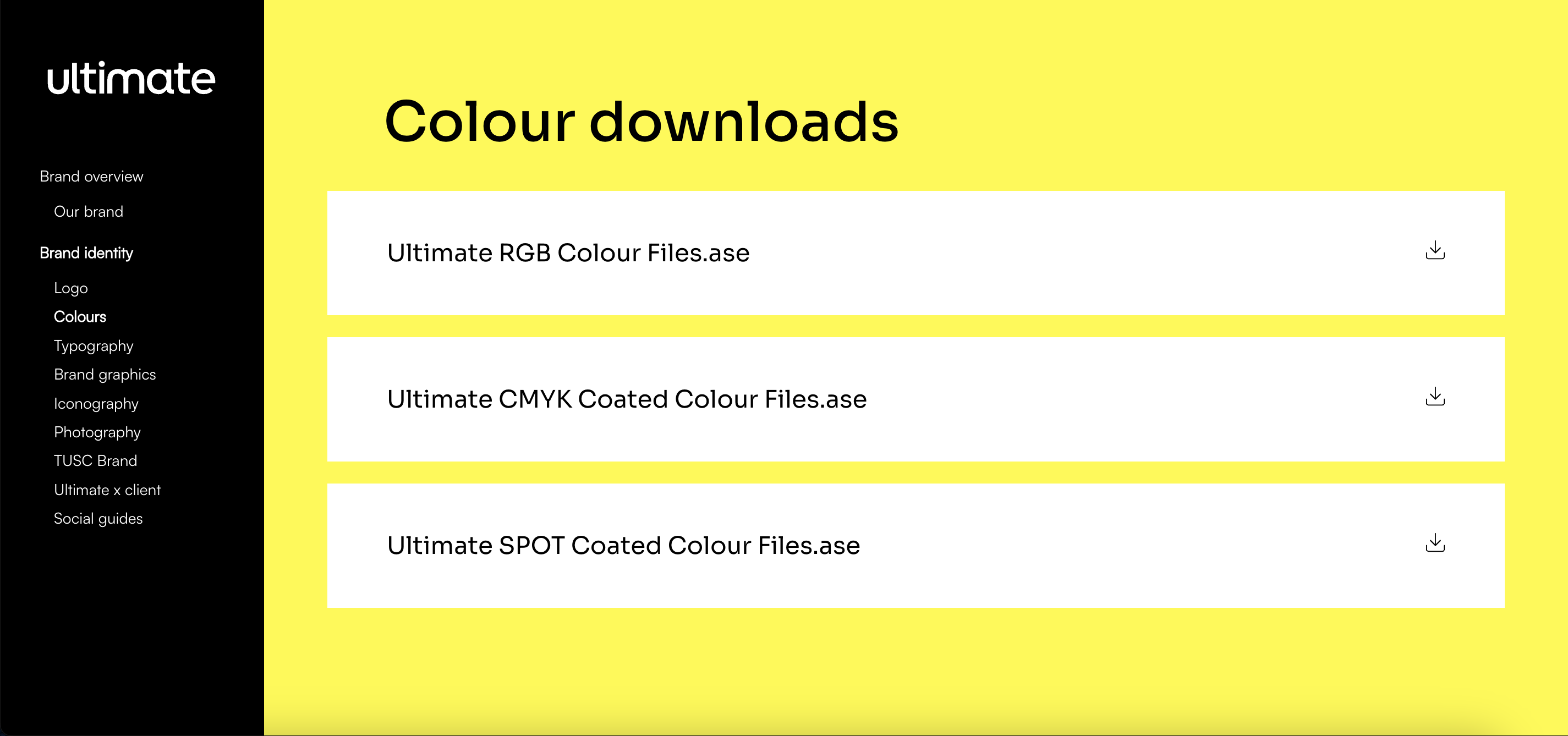 Screenshot of Ultimate's brand guidelines, showing downloadable colours.