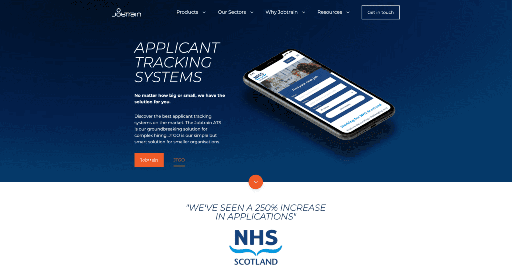 Jobtrain website screenshot of home page