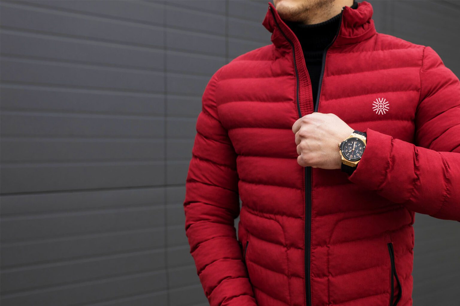 Red puffer jacket with custom logo design