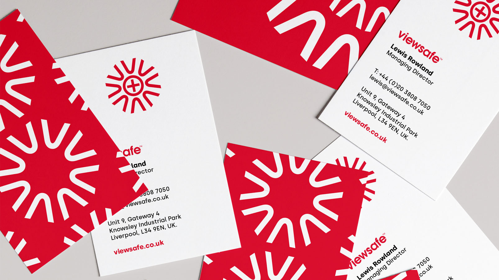 Overhead shot of Viewsafe business card designs.
