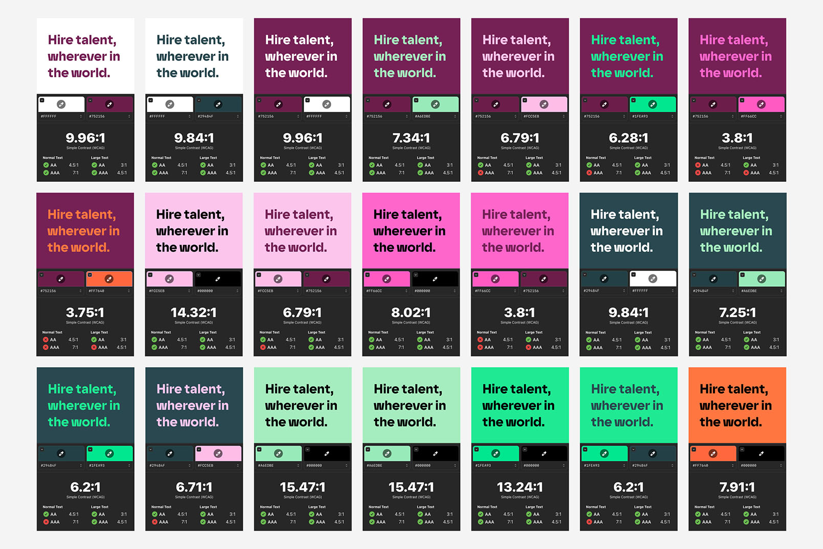 21 frames of accessibility testing for different Workwell brand colours.