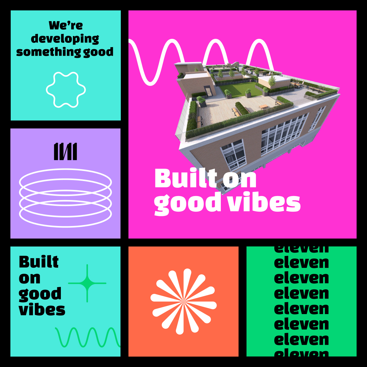 Six social tiles as an example of the eleven eleven branding.