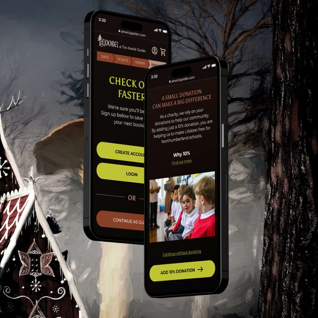 Two smartphones displaying the checkout journey for Lilidorei's website.