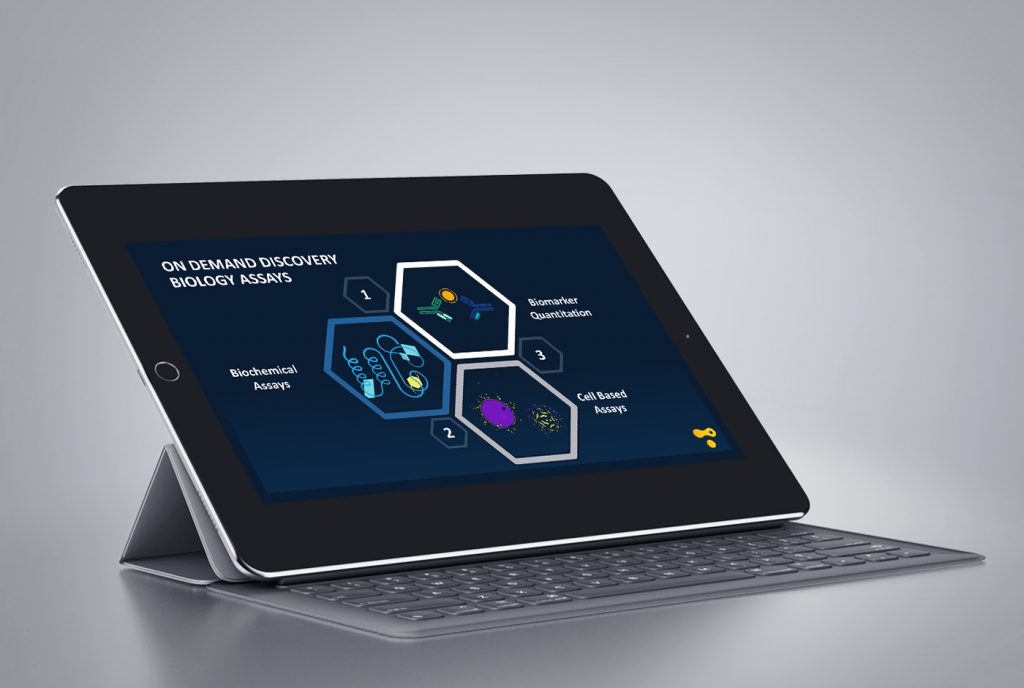 A laptop displaying a pitch deck presentation for Transcriptic.