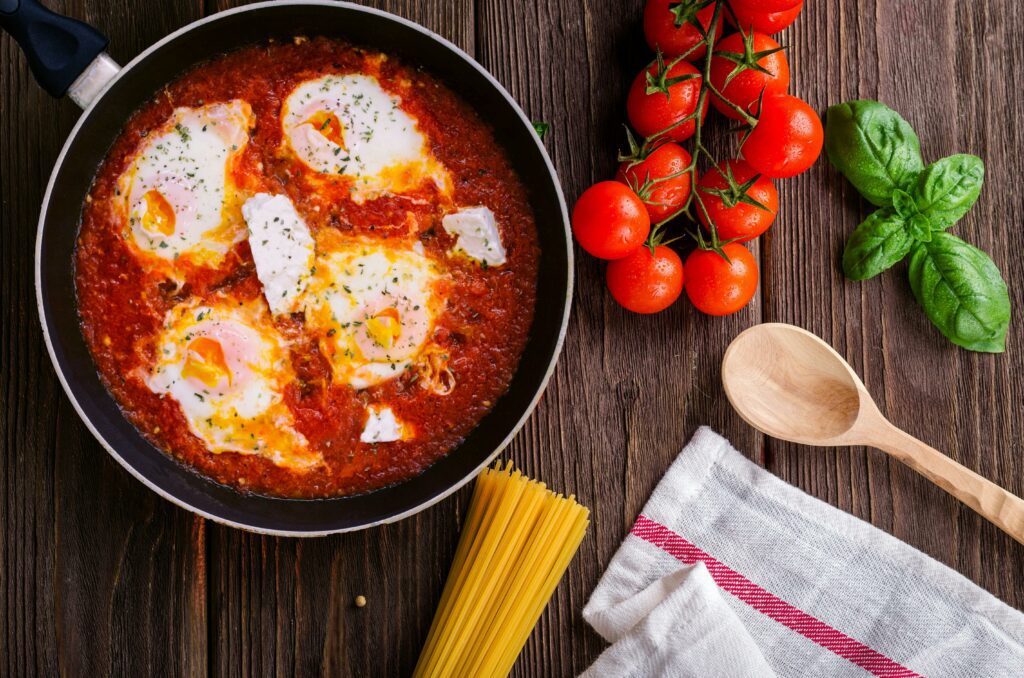 Overhead shot of shakshuka in magazine style photography